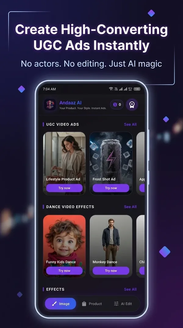 Andaaz AI UGC video ads and dance video effects: no actors, no editing