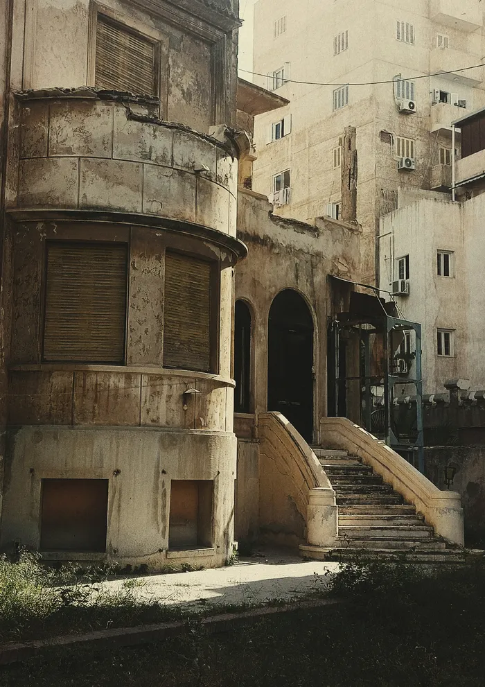 Before: a worn apartment building facade refreshed by Decoryx AI with new colours
