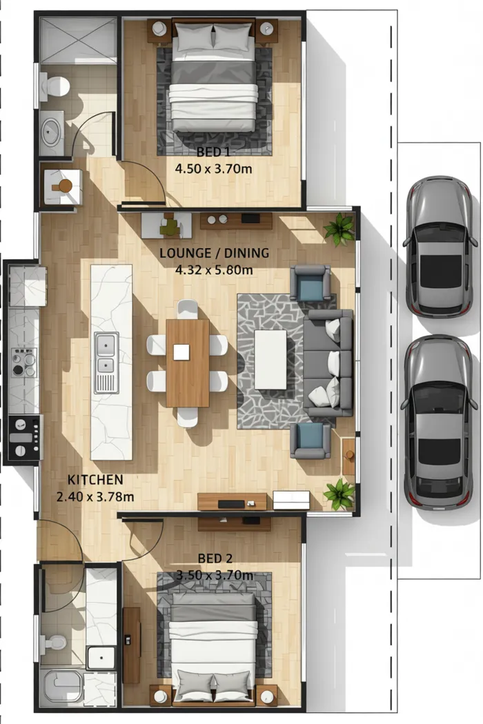 After: a plain 2D floor plan turned into a furnished, coloured floor plan by Decoryx AI
