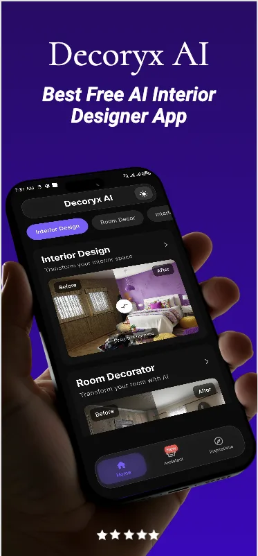 Decoryx AI home screen with Interior Design and Room Decorator tools and a before/after room redesign