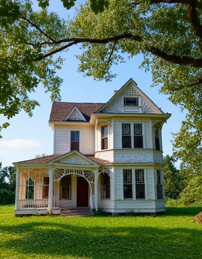 After: an old, weathered Victorian house restored by Decoryx AI with fresh paint and a green lawn
