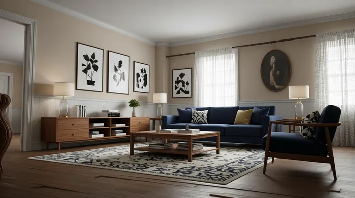 After: a run-down living room redesigned by Decoryx AI into a bright, furnished modern living room