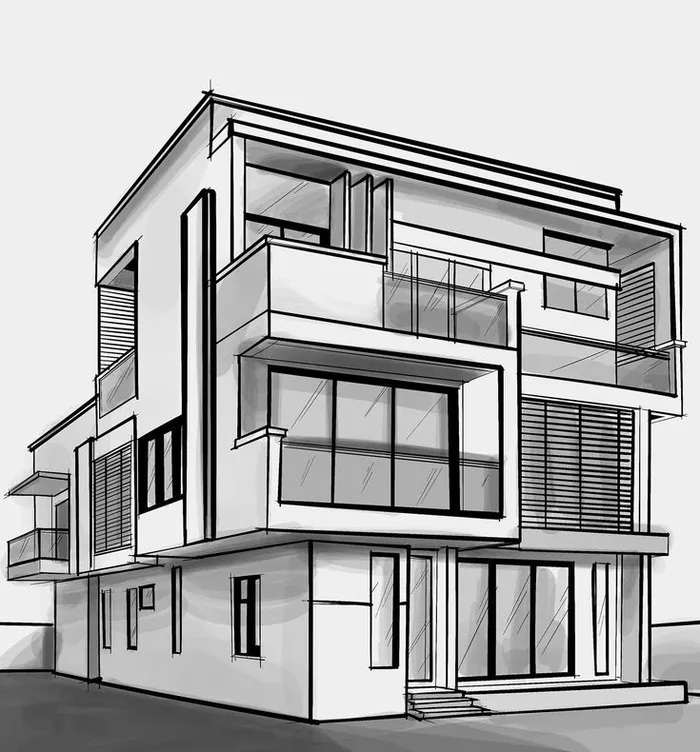 Before: a black-and-white architectural sketch turned into a photorealistic modern house render by Decoryx AI
