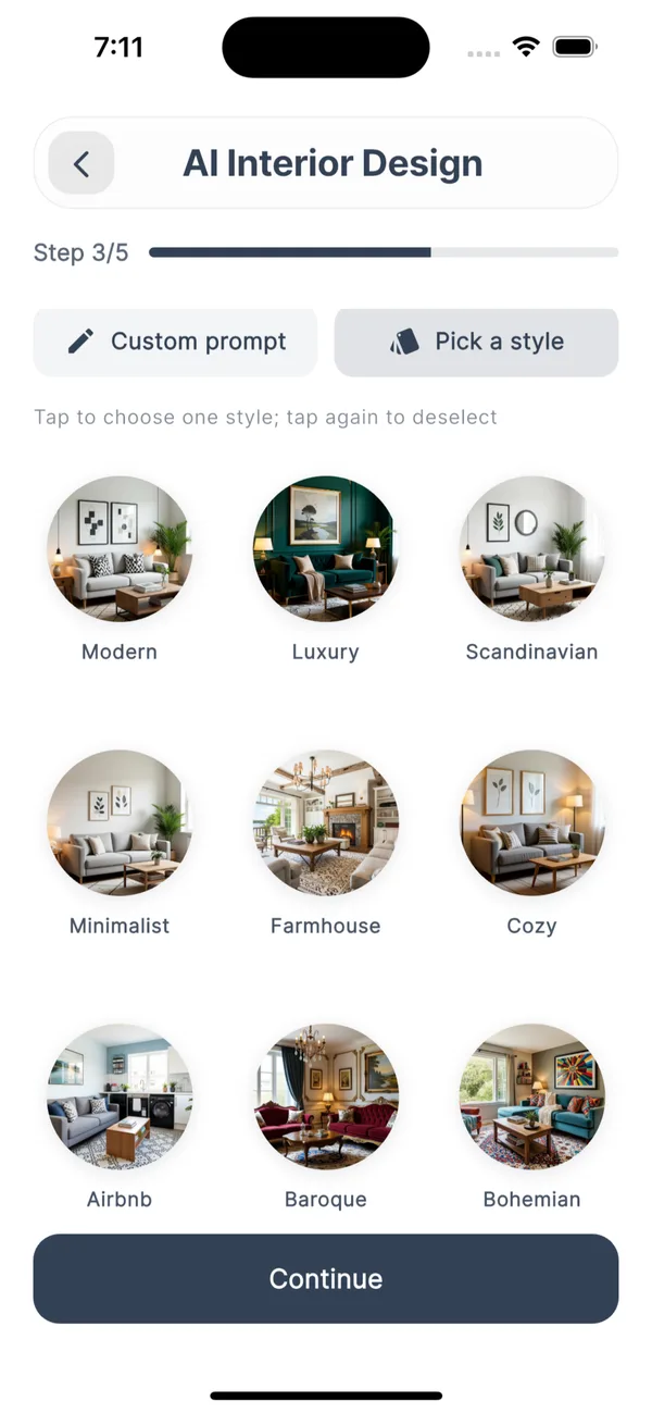 Decoryx AI interior design styles: Modern, Luxury, Scandinavian, Minimalist, Farmhouse, Cozy, Airbnb, Baroque and Bohemian