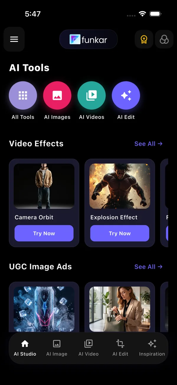 Funkar AI studio: AI images, AI videos, AI edit, video effects and UGC image ads