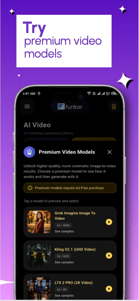 Funkar AI premium AI video models such as Kling and LTX for image-to-video