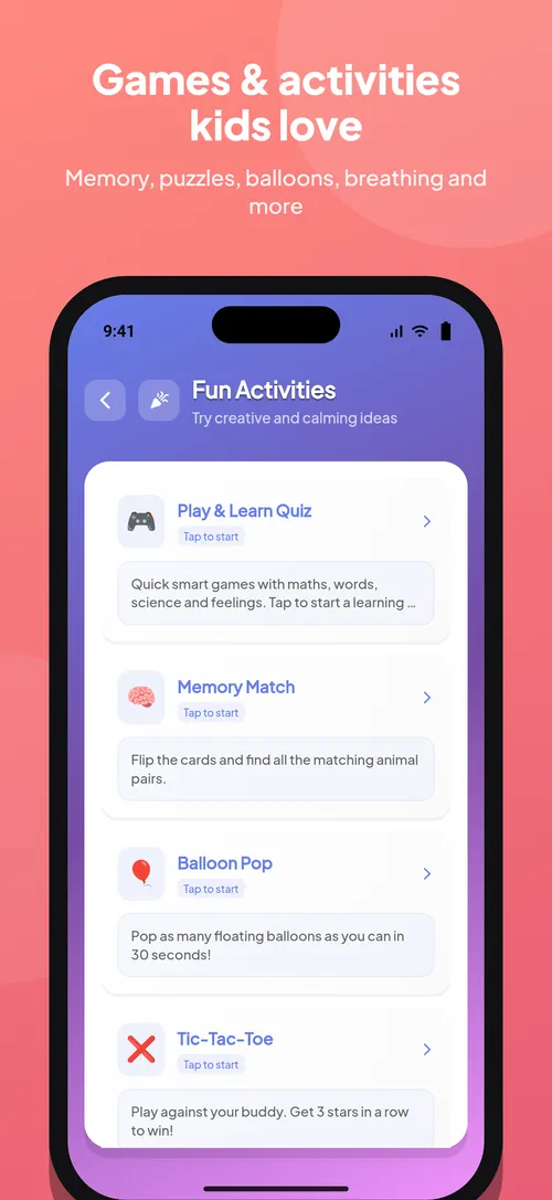 Kido AI games and activities: Play & Learn quiz, Memory Match, Balloon Pop and Tic-Tac-Toe