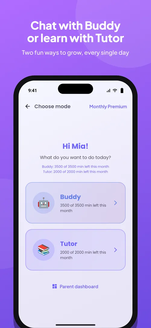 Kido AI modes: chat with Buddy or learn with Tutor