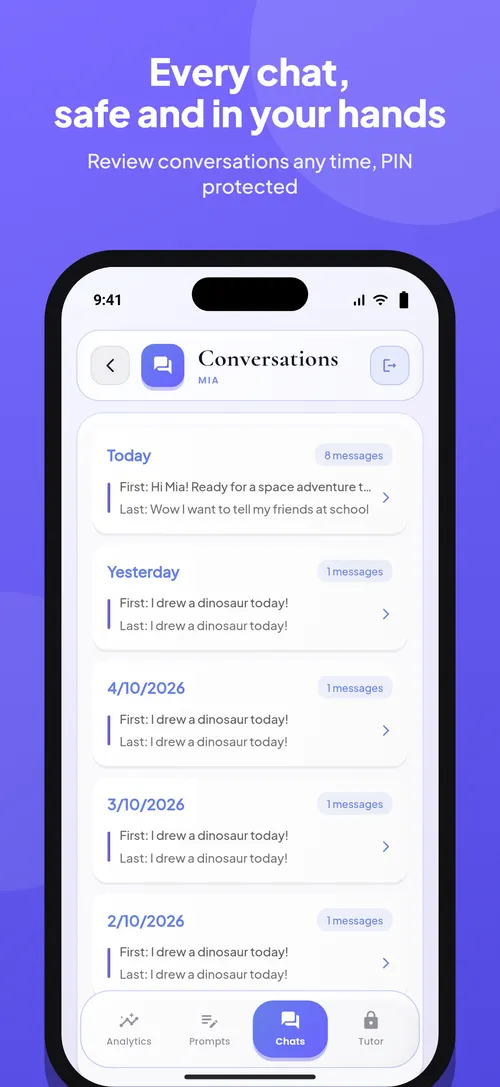 Kido AI parent view of every conversation, PIN protected