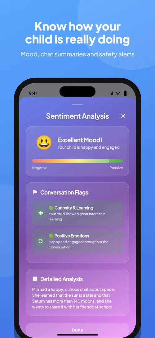 Kido AI parent insights: mood, sentiment analysis, chat summaries and conversation flags