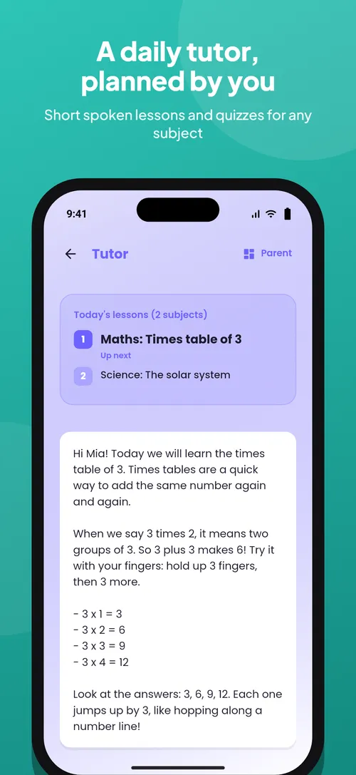 Kido AI Tutor: a daily tutor planned by parents with short spoken lessons and quizzes, such as the times table of 3