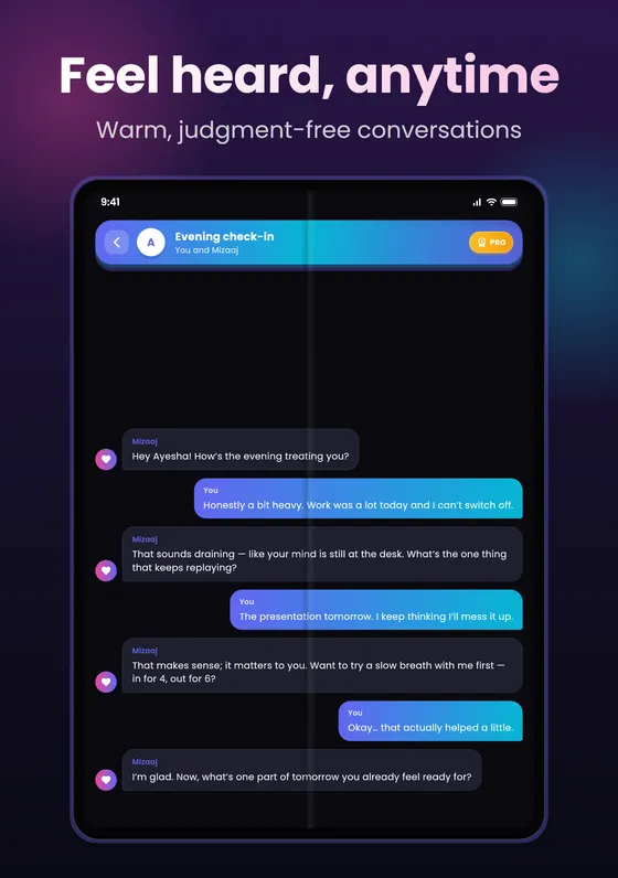Mizaaj chat: warm, judgment-free evening check-in conversation