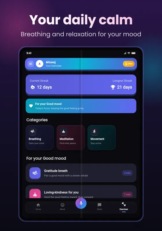 Mizaaj exercises: breathing, meditation and movement with daily streaks