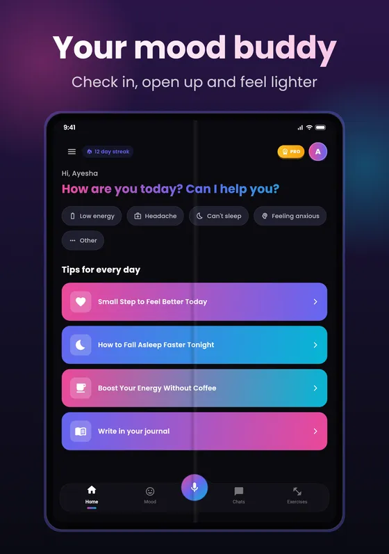 Mizaaj home: check in with how you feel, such as low energy, headache, can't sleep or feeling anxious