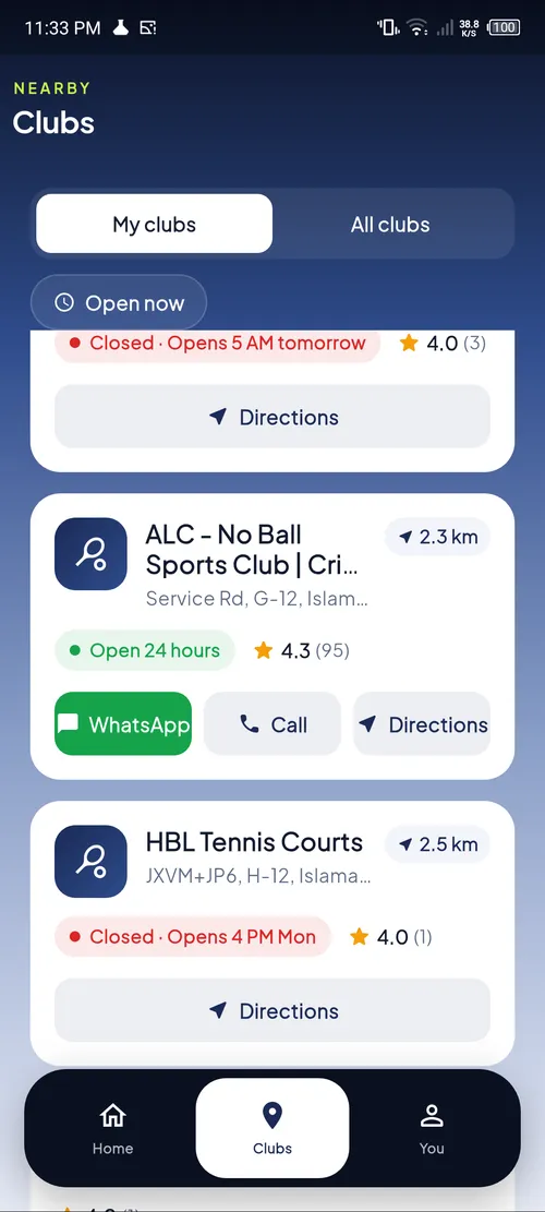 PlayConnect nearby clubs: sports clubs and tennis courts sorted by distance with opening hours, ratings, WhatsApp, call and directions