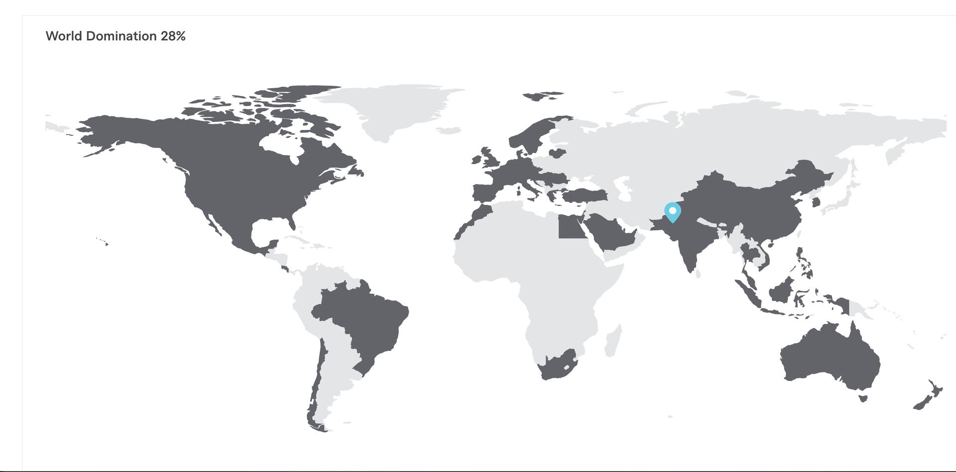 World map of countries where Arts By Yaseen has delivered video projects for clients: USA, Canada, Mexico, Brazil, Chile, UK, Europe, Scandinavia, Turkey, Egypt, Saudi Arabia, UAE, India, China, Southeast Asia, Australia, New Zealand and South Africa